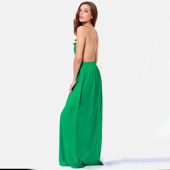 Lulus Green Flowy Backless Maxi Long Cocktail EveningDress - Picture 1 of 16